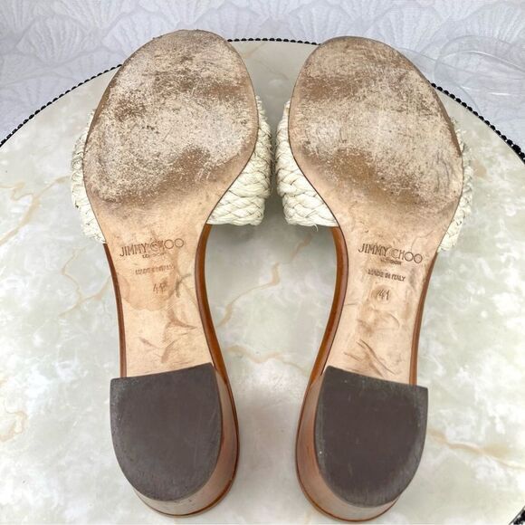 Jimmy Choo Granger Raffia-Wicker Heels Sandals Ivory Crystal Embellished Slides - Picture 10 of 13